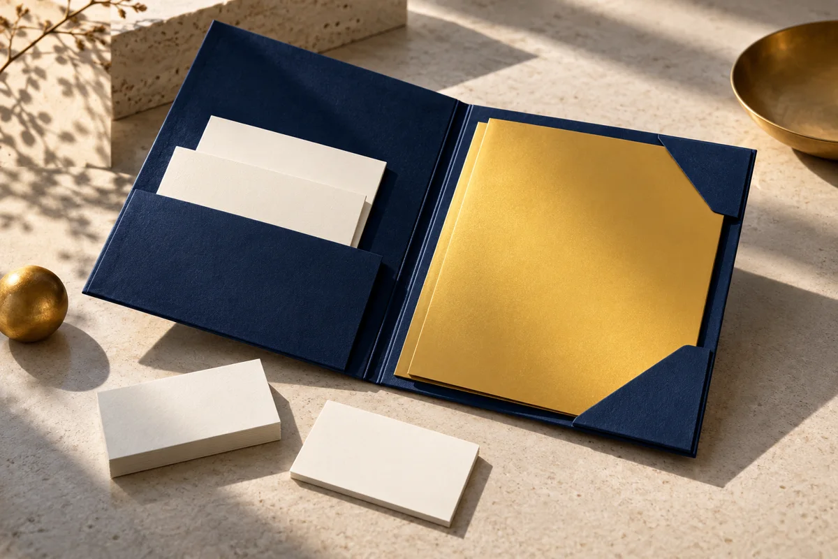 Navy portfolio folder with organised cards and golden paper sheets