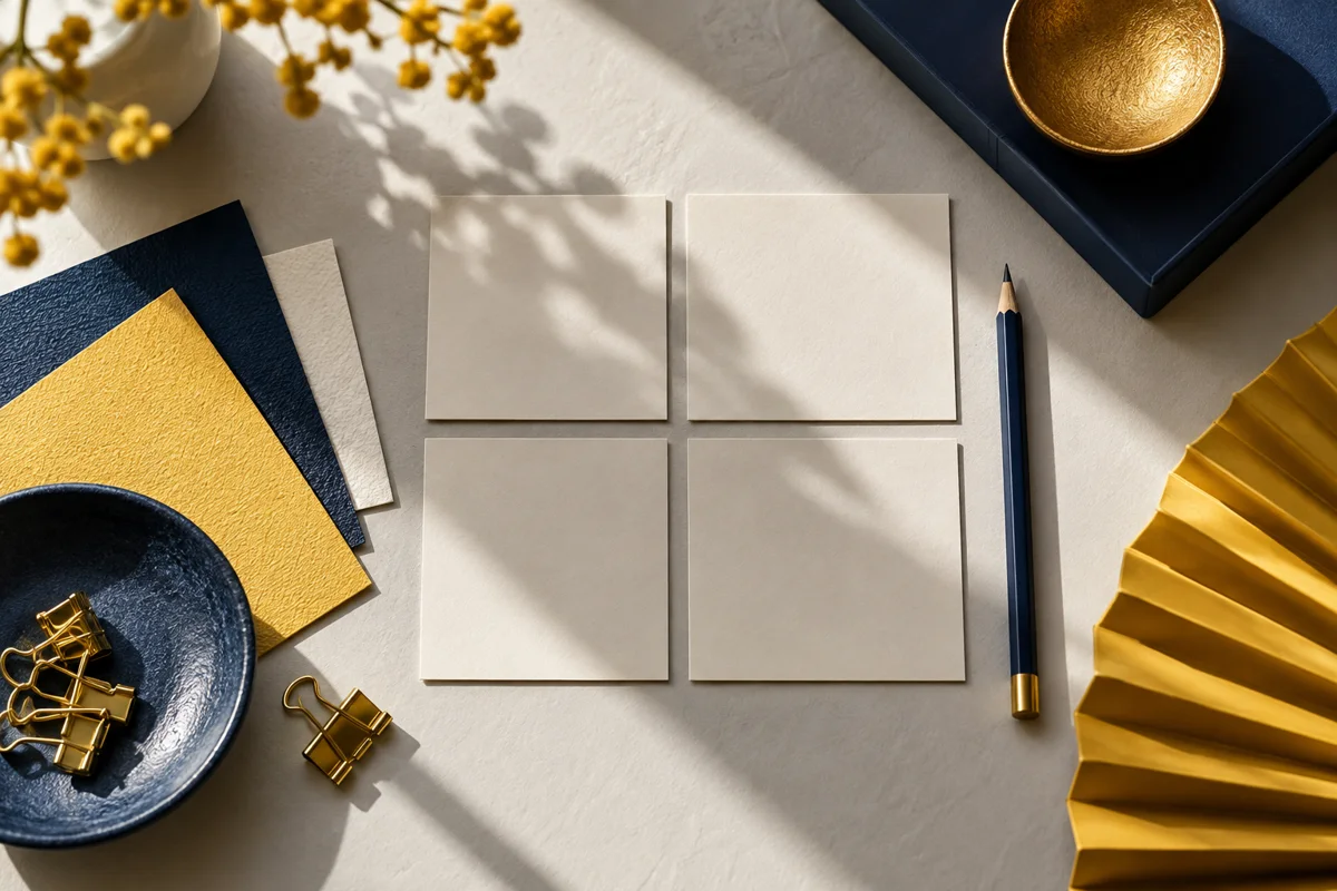 Overhead arrangement of planning cards, paper swatches, pencil and gold clips